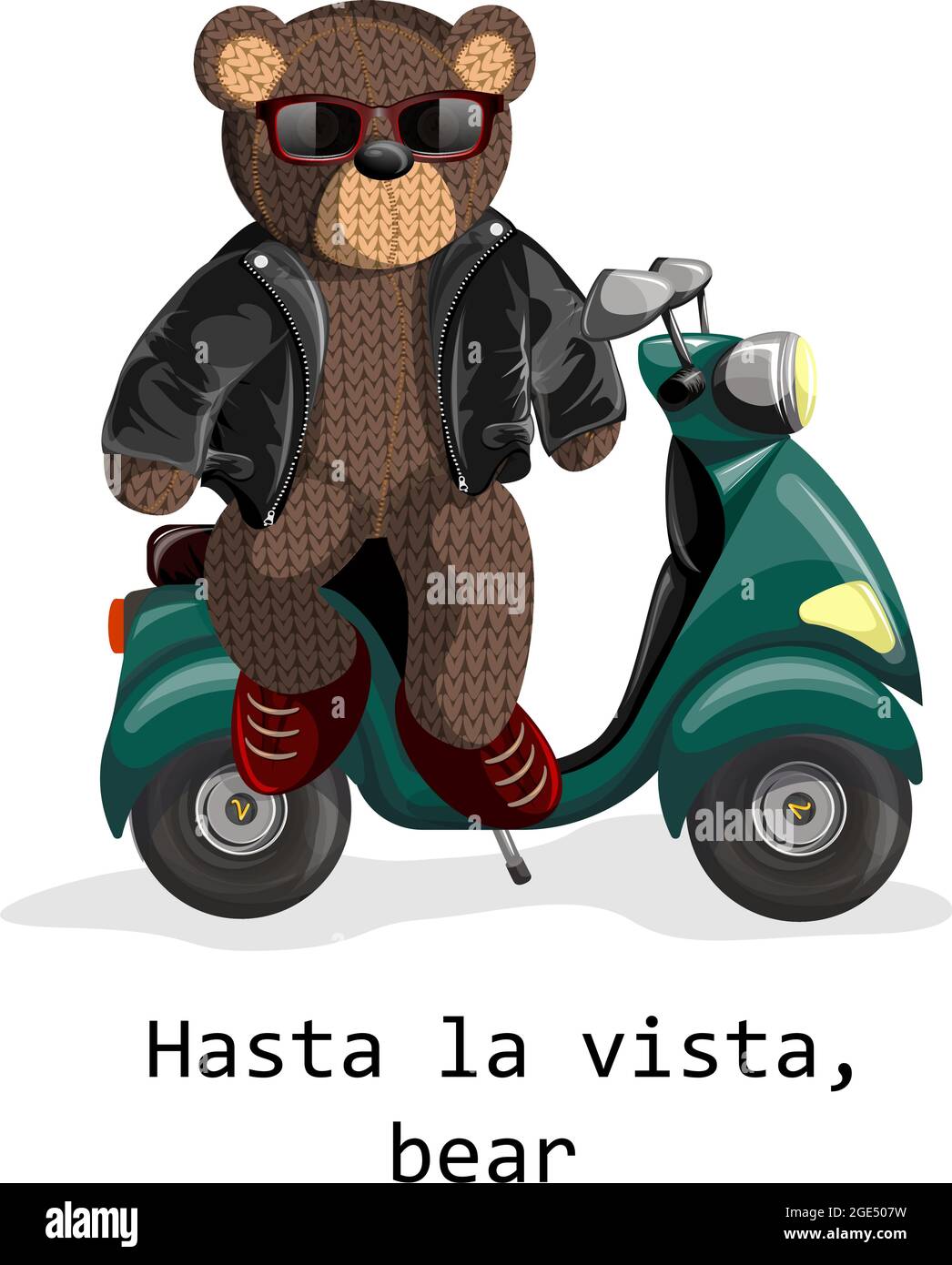 Vector image of a soft toy bear, depicted alive with a hint of humanity on an electric scooter wearing sun glasses and a leather jacket. Concept. EPS Stock Vector