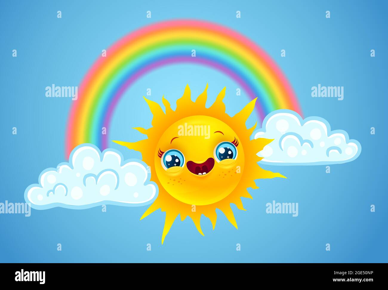 Vector illustration of a rainbow with clouds and sun in kawaii style ...