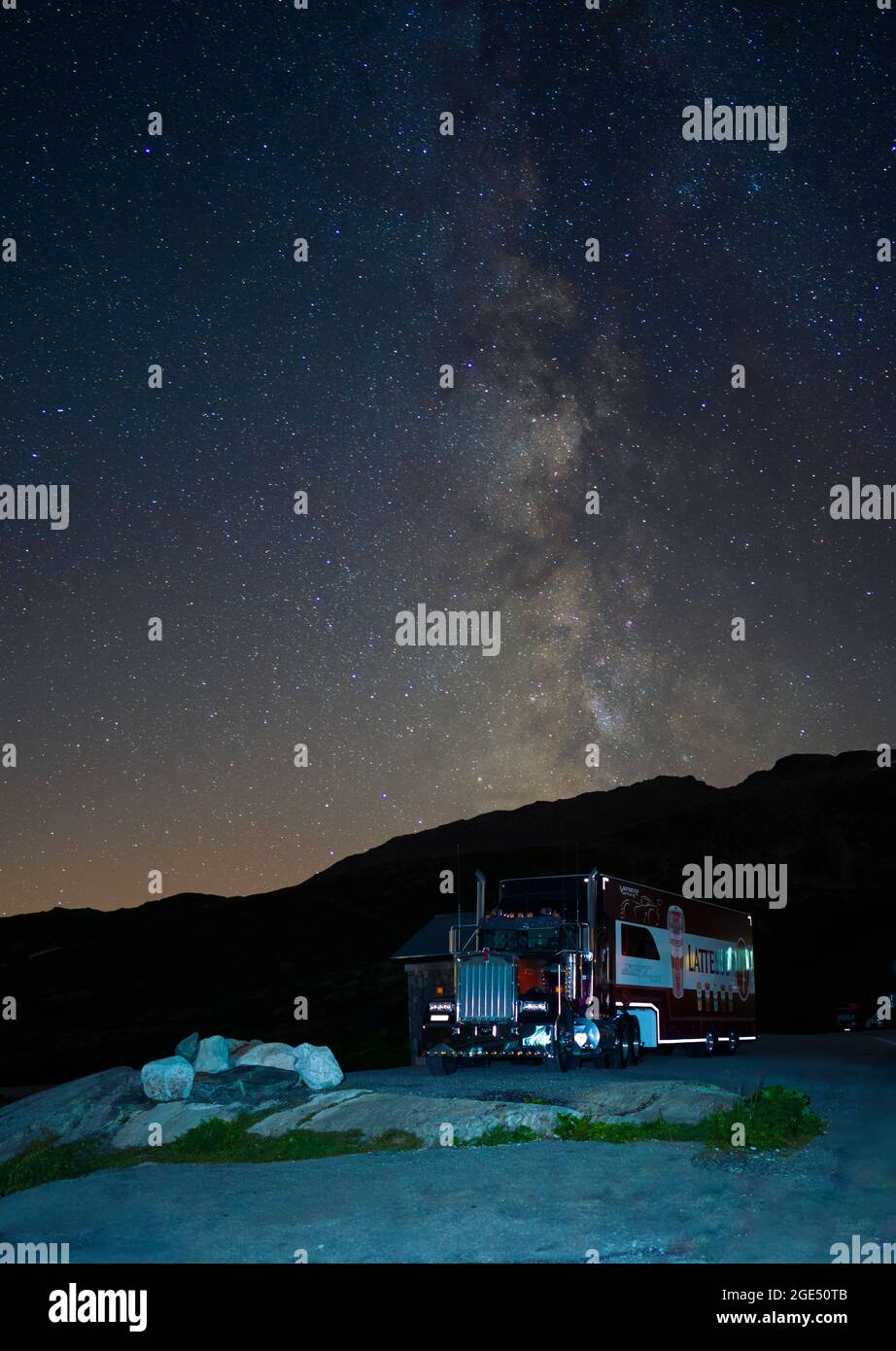 Grimselpass, Switzerland - August 13, 2021: A truck with advertising of  company Latesso on Grimselpass under the Milky way Stock Photo - Alamy