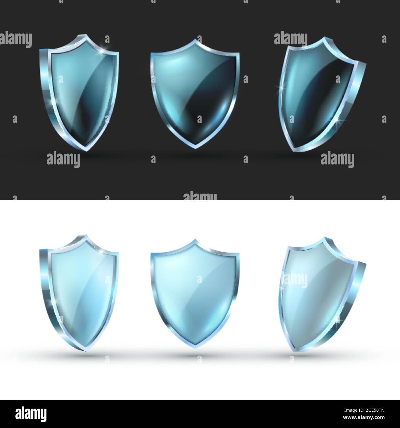 Realistic glass shield vector illustrations. Empty blank transparent blue acrylic glass panel