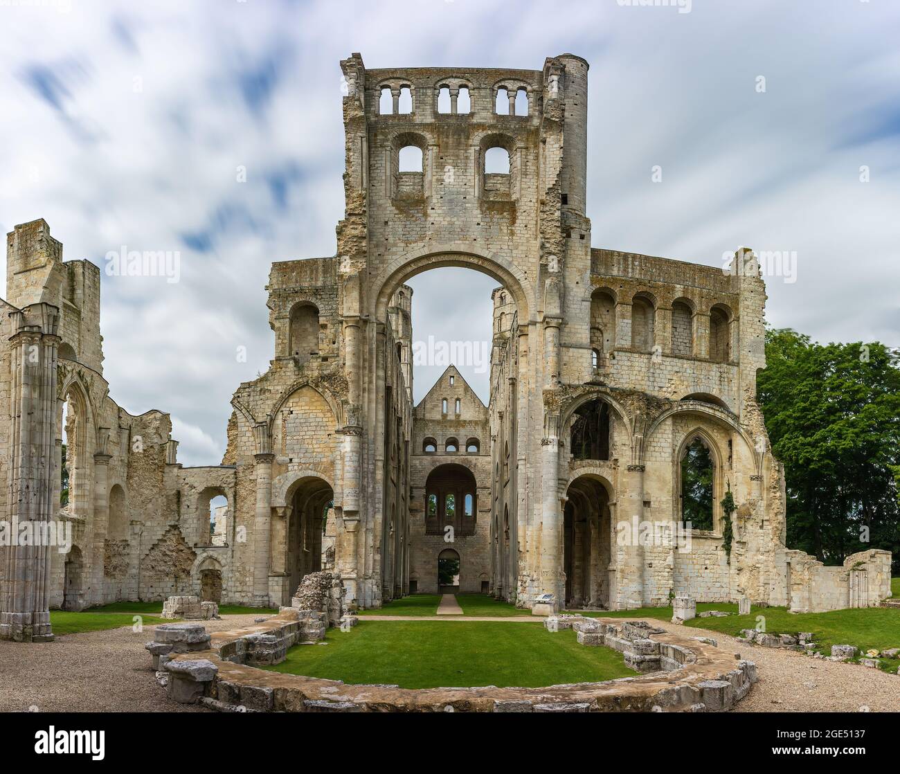 Ruin of medieval benedictine abbey and church of Jumieges in France, Normandy Stock Photo