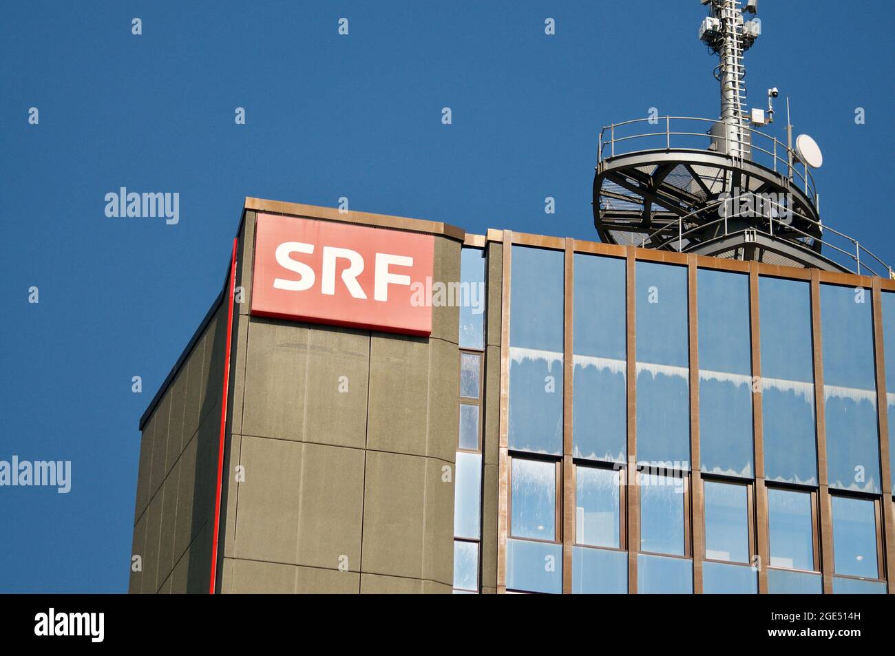 Zurich, Switzerland - 16th April 2021 : Close up of SRF (Schweizer Radio und Fernsehen) sign located at the headquarters building in Zurich, Switzerla Stock Photo