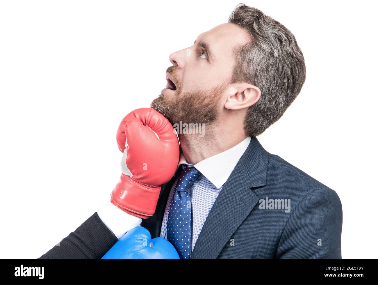 An uppercut crashes into his jaw. Businessman got punch in face. Knockout punch Stock Photo