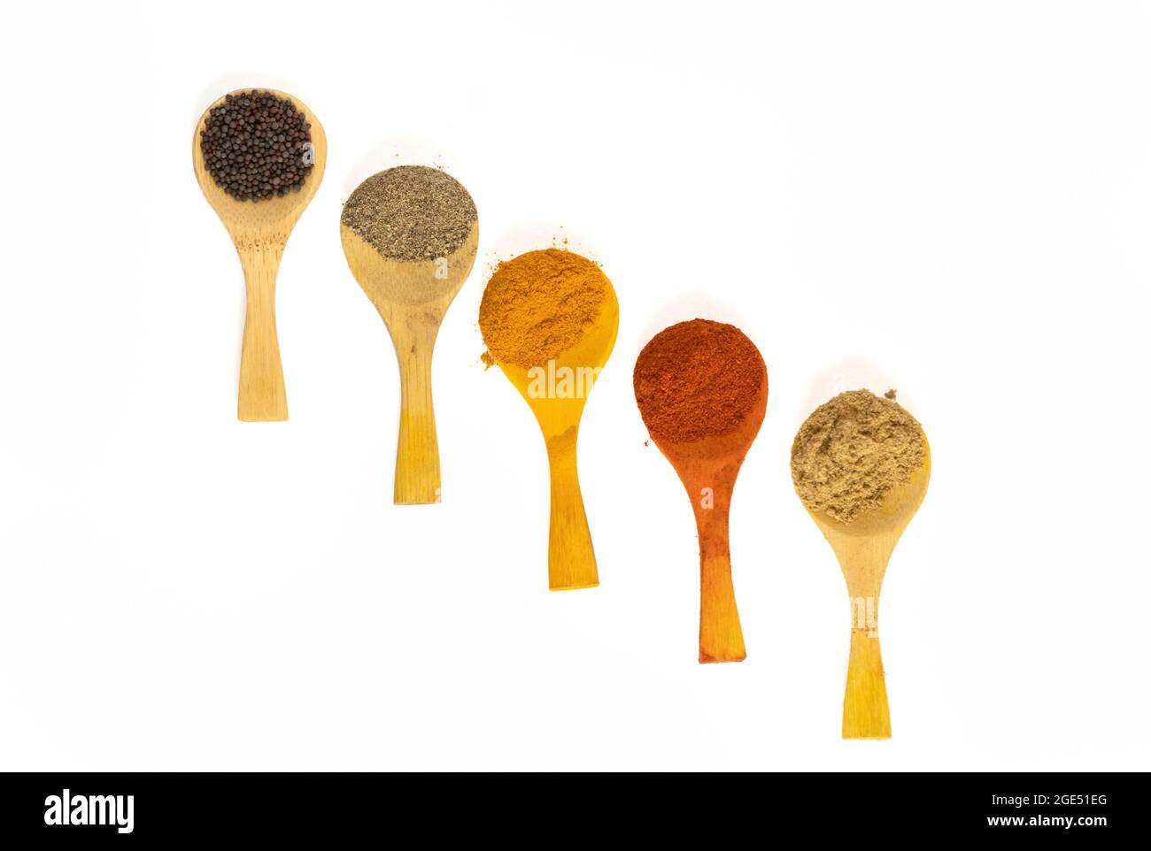 Indian Spicy Masala Powders In Wooden Spoon, White Background. Selective Focus Stock Photo