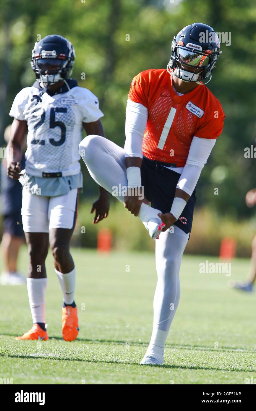 Chicago Bears Quarterback Justin Fields (1) stretches during training camp at Halas Hall, Monday, August 16, 2021, in Lake Forest, Illinois. (Melissa Stock Photo
