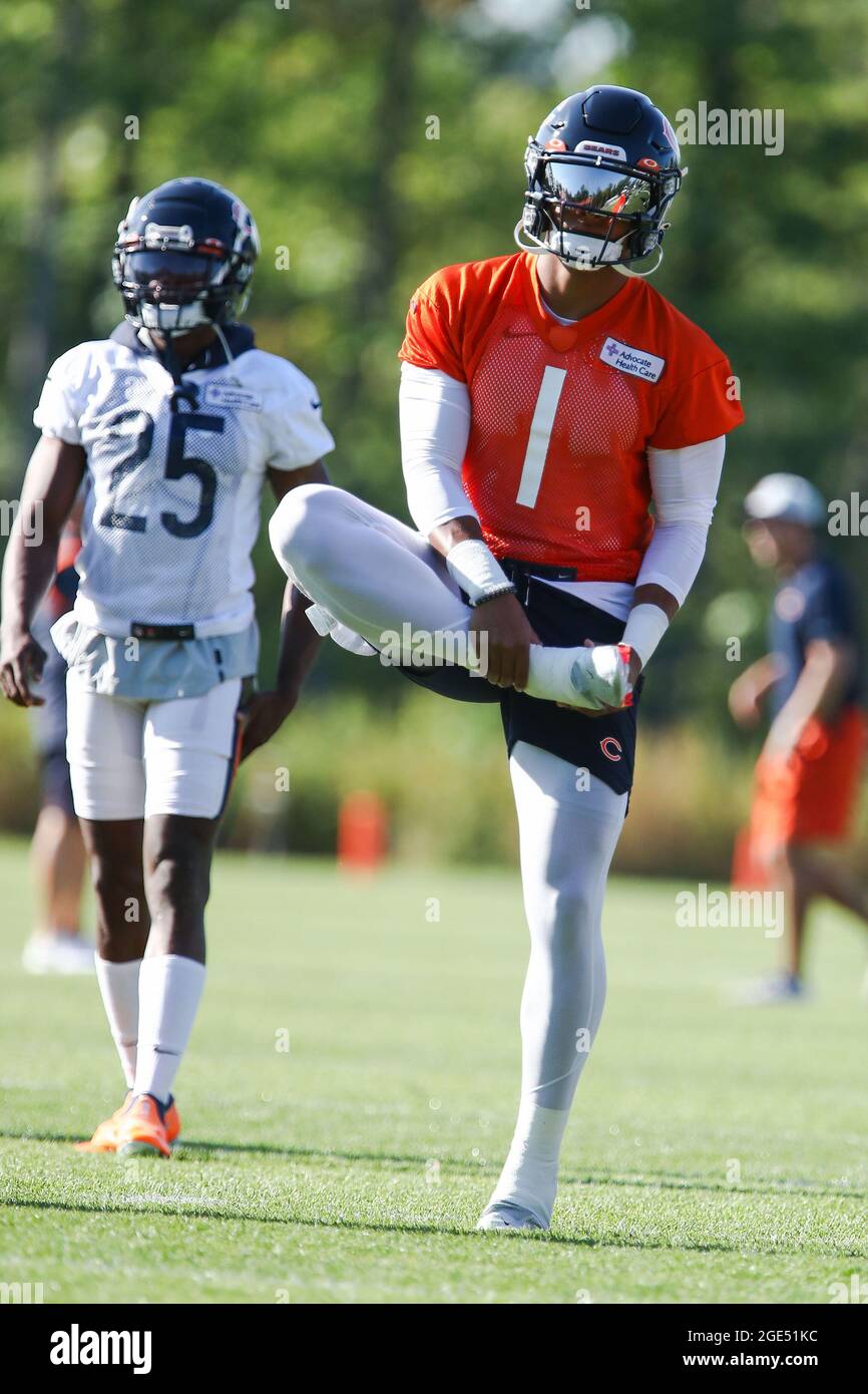 Chicago Bears Quarterback Justin Fields (1) stretches during training camp at Halas Hall, Monday, August 16, 2021, in Lake Forest, Illinois. (Melissa Stock Photo