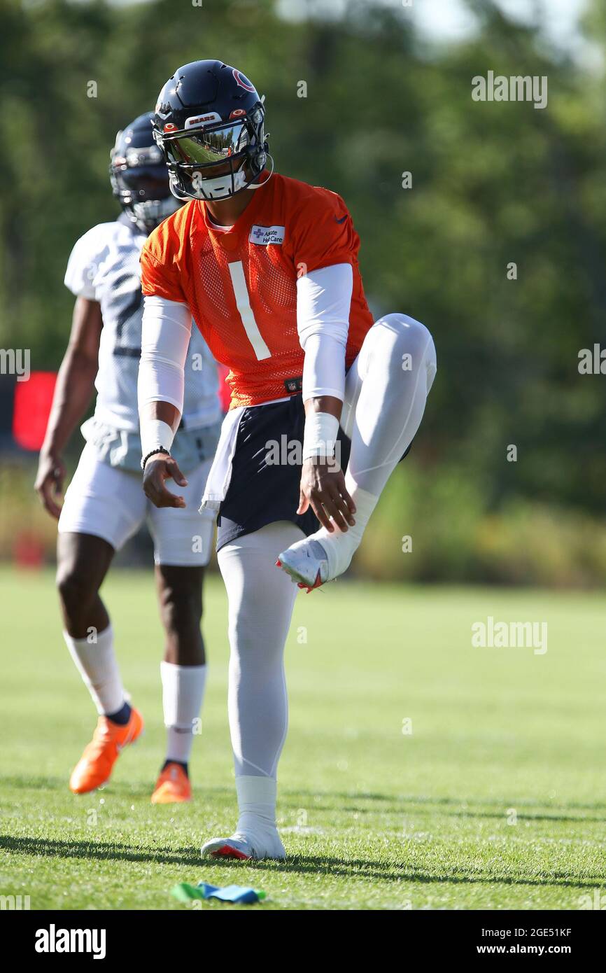 Chicago Bears Quarterback Justin Fields (1) stretches  during training camp at Halas Hall, Monday, August 16, 2021, in Lake Forest, Illinois. (Melissa Stock Photo