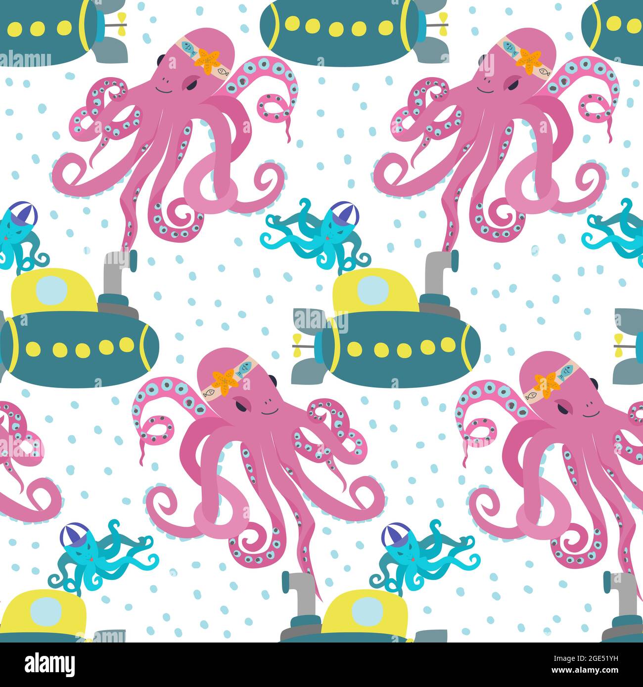 Vector seamless pattern with cartoon octopuses and submarines. Children ...