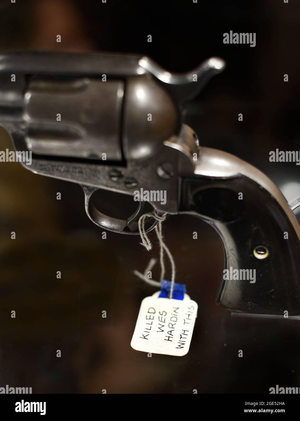 The revolver used to kill notorious Old West outlaw and gunfighter John Wesley Hardin in 1895 in El Paso, Texas, on display in Santa Fe, New Mexico. Stock Photo