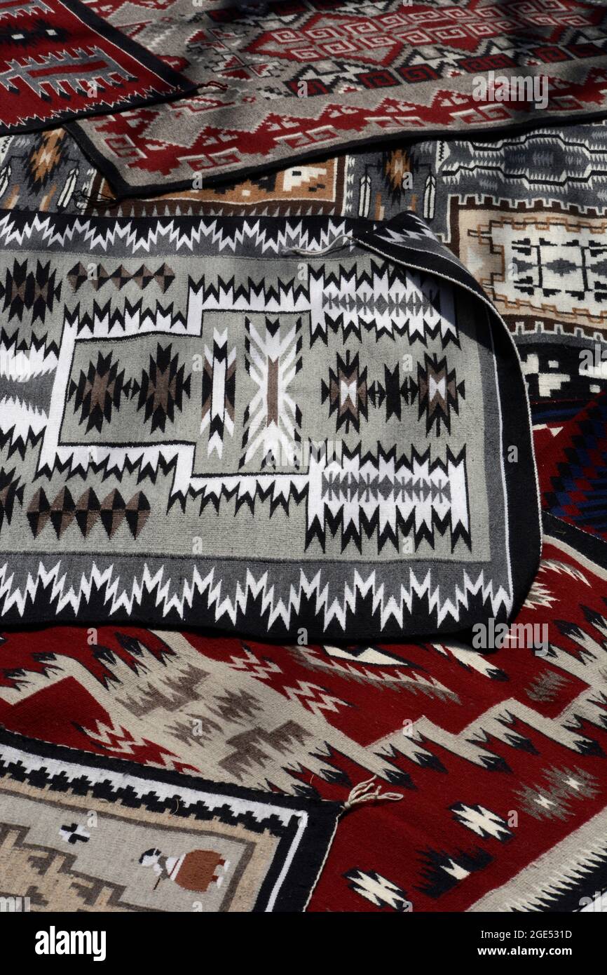 A selection of handmade and hand woven wool rugs made by Navajo