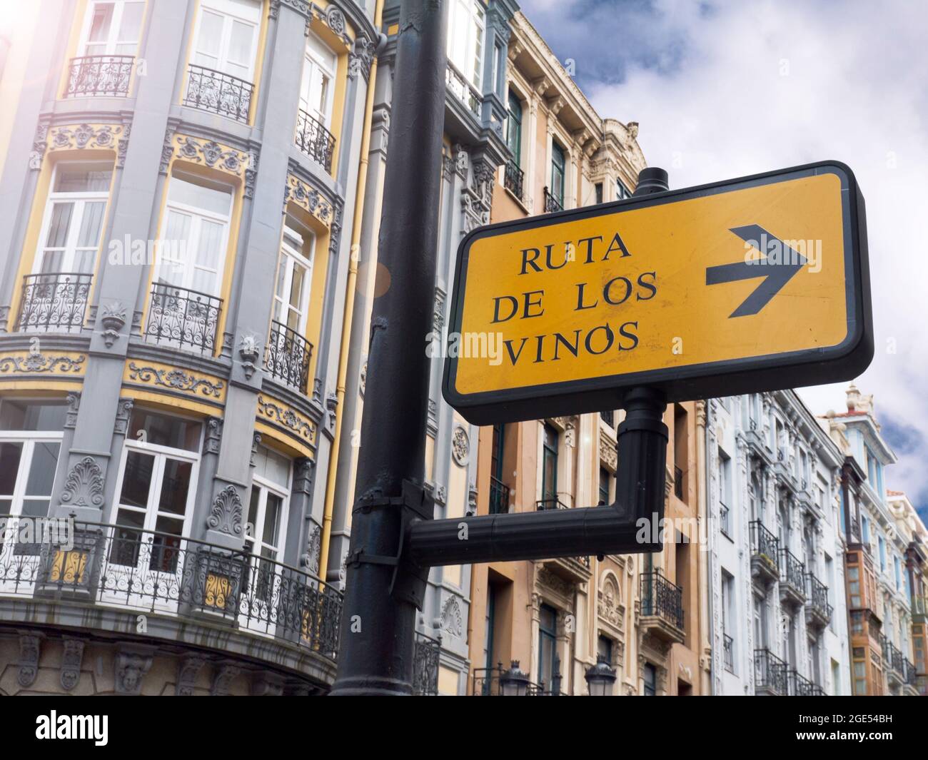 OVIEDO, SPAIN - May 14, 2017:  Wine route sign designate wine bars and restaurants area in the city center, Oviedo, Spain. Stock Photo