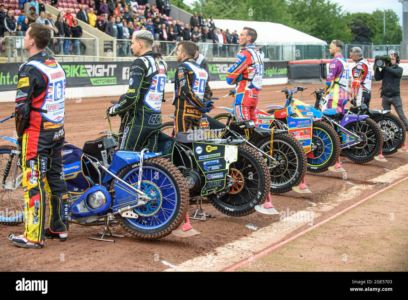 MANCHESTER, UK. AUGUST 16TH The riders during the National Anthem during the Sports Insure British Speedway Finals at the National Speedway Stadium, Manchester on Monday 16th August 2021. (Credit: Ian Charles | MI News) Credit: MI News & Sport /Alamy Live News Stock Photo