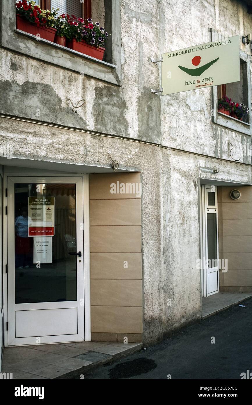 Picture of the main office of women for women, or zene za zene, in Bosnia, in Mostar. It is a microcredit foundation and an NGO. Stock Photo