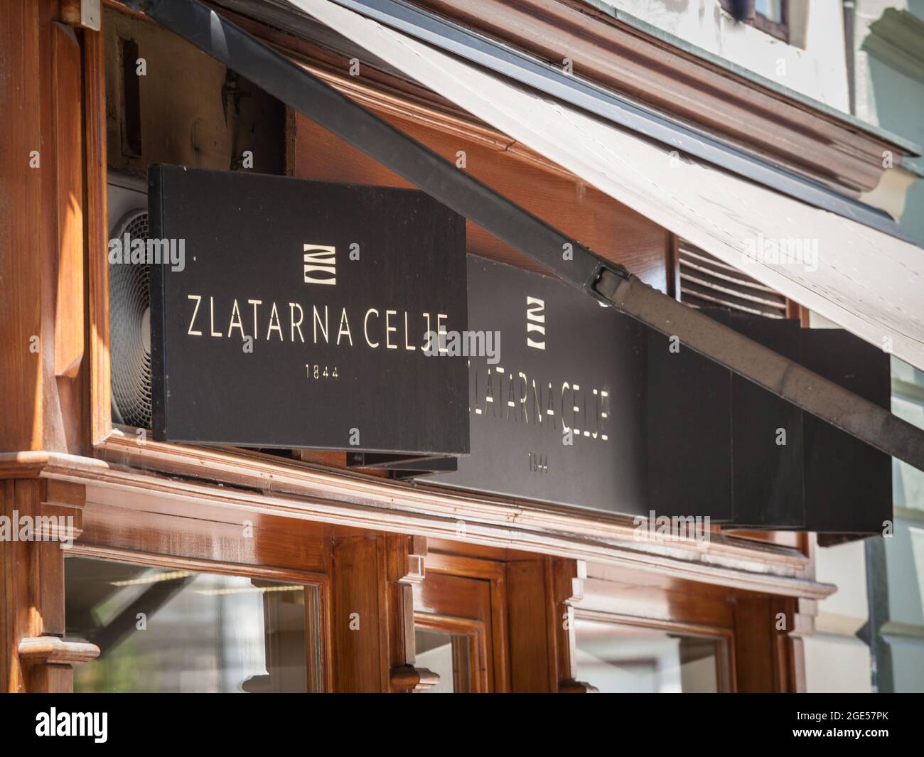 picture of a sign with the logo of Zlatarna Celje on their main retailer for Ljubljana, Slovenia. Zlatarna Celje, PLC, is a Slovenian jeweler and gold Stock Photo