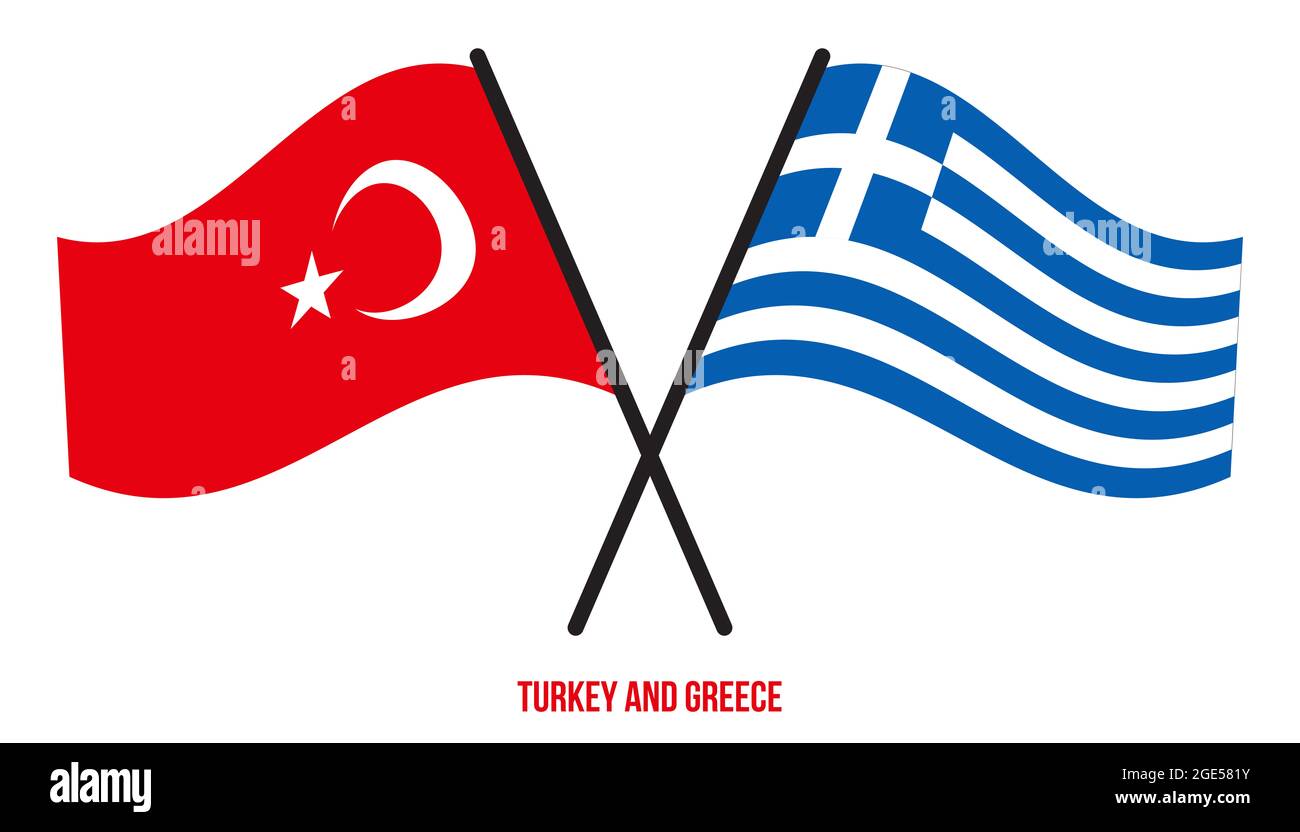 Turkey and Greece Flags Crossed And Waving Flat Style. Official