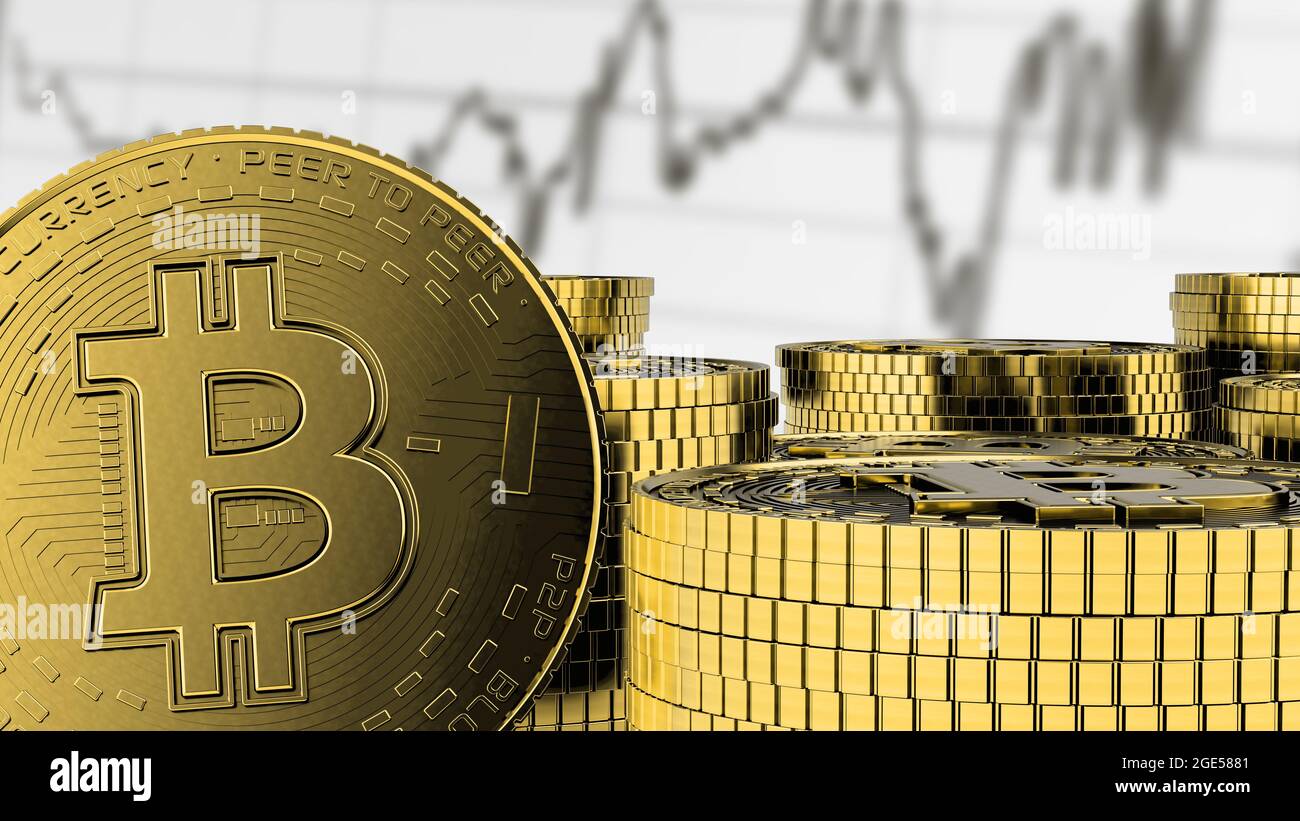 Golden and stacked coins, with a white background and a graph that ...