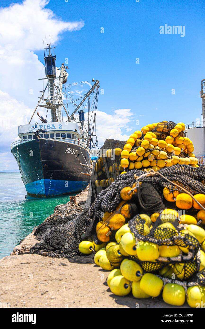 Black fishing net with yellow float for fishing boat or sardine called Pisa  II from the sardine company Pacifico Industrial in the Yavaros port.  sardine boat. Yavaros Bay and Yavaros-Moroncarit estuary in