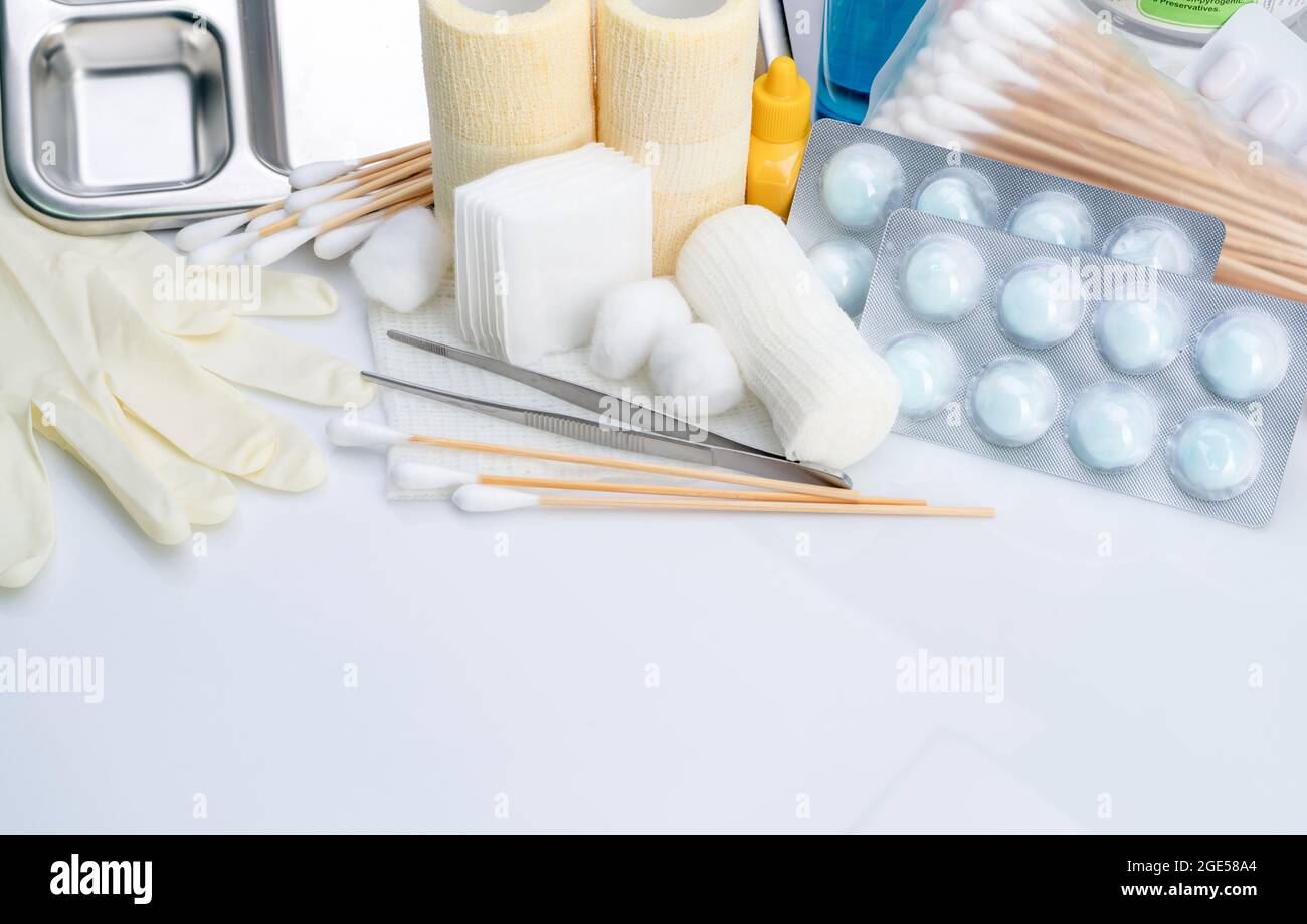 Wound care dressing set. Forceps, cotton stick, conform bandage