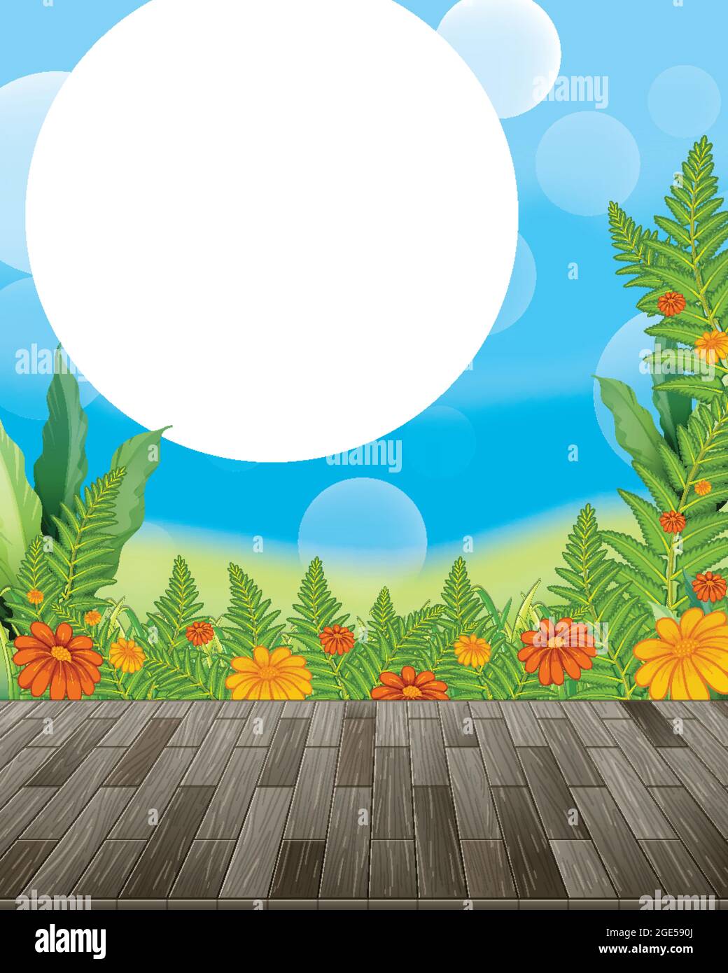 Nature background with flower field and green grass illustration Stock ...