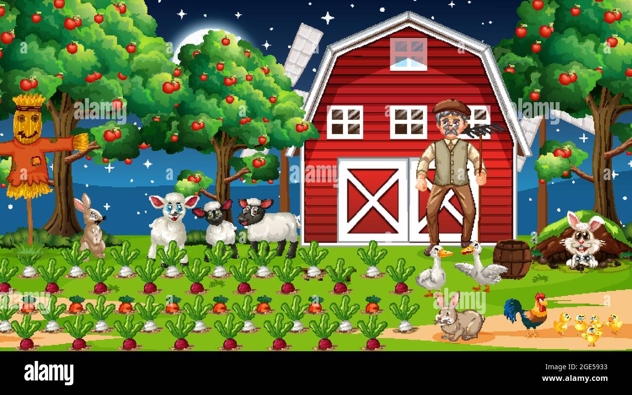 Farm scene at night with old farmer man and cute animals illustration ...