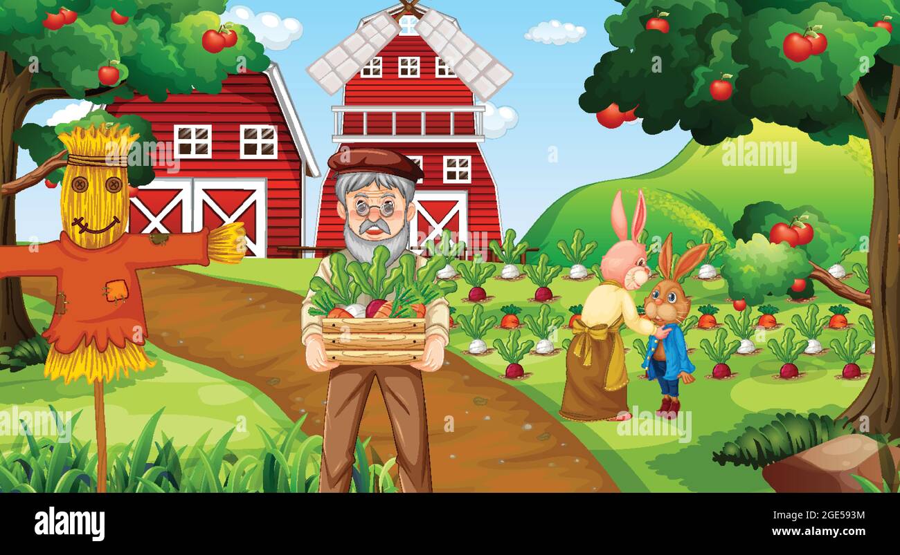 Farm scene with old farmer man and farm animals illustration Stock ...