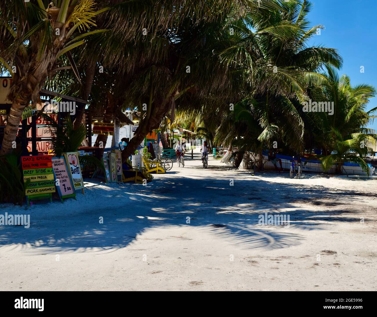 The beach front as you arrive by ferry on Caye Caulker, Belize Stock Photo
