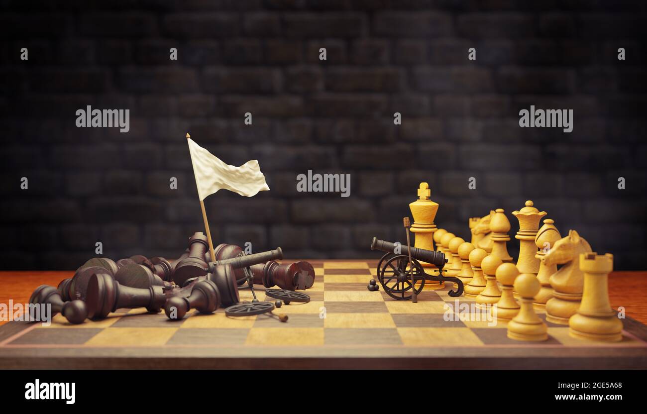 Dark chess raises a white flag in surrender to bright chess on a chessboard and smoke floating in the air and dark brick background. The concept of bu Stock Photo