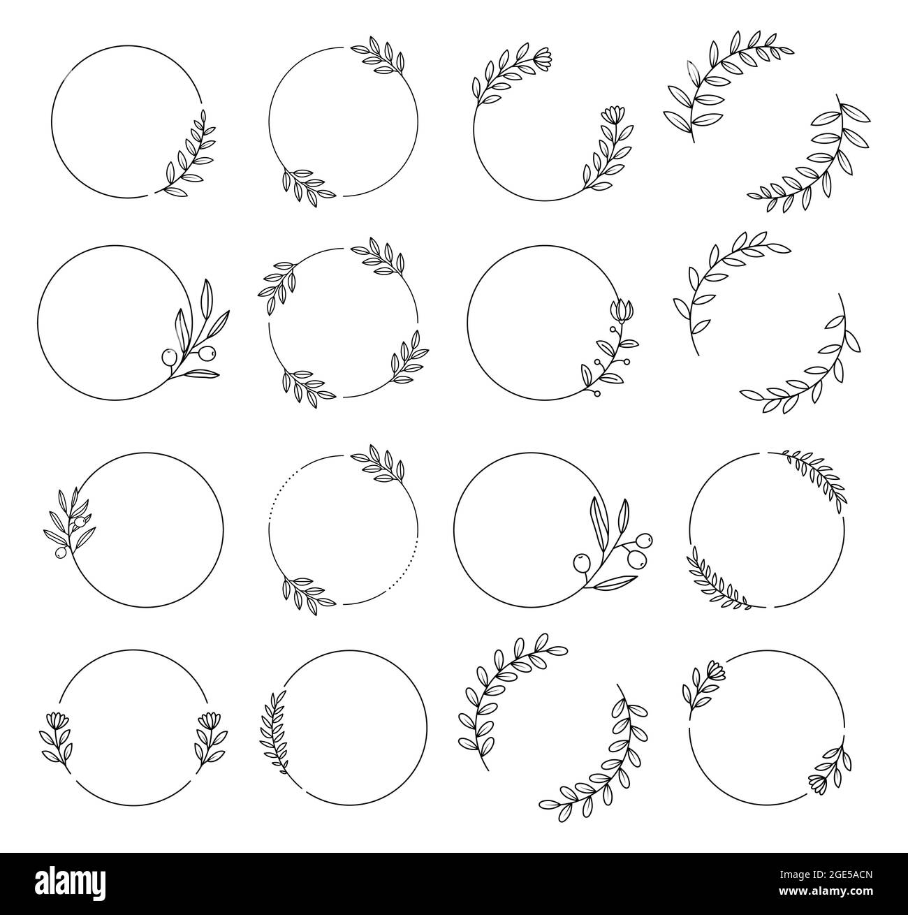 Floral wreath with leaves hand drawn round frames. Wedding wreath decorative leaves elements vintage. Stock Vector