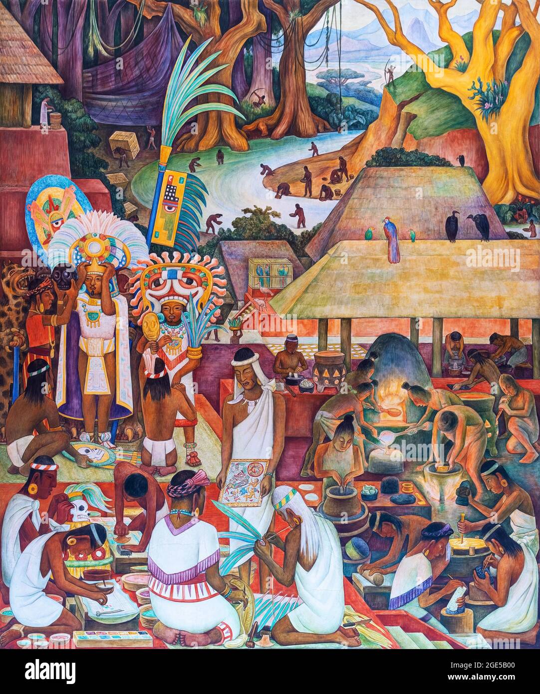 Featherwork art and goldsmith (Zapotec culture), Diego Rivera mural in presidential palace, Mexico City, Mexico. Stock Photo