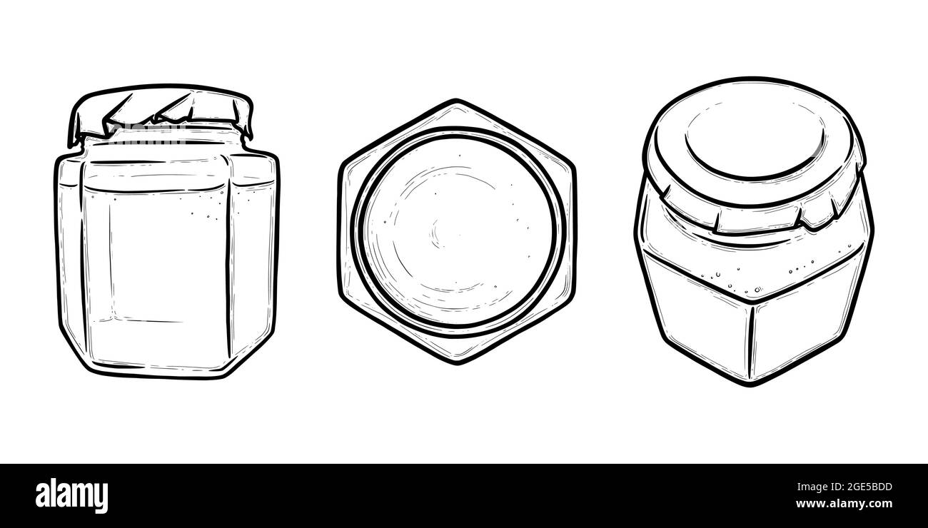 Glass jar front and top view. Hexagonal jar for preserves of pickles, honey or jam. Hand drawn vector illustration isolated in white background Stock Vector