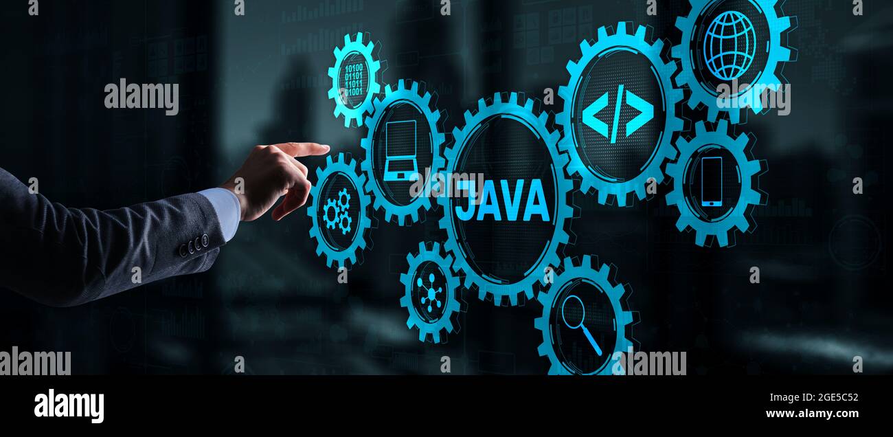 Business Man pushing on a touch screen interface Java Programming ...