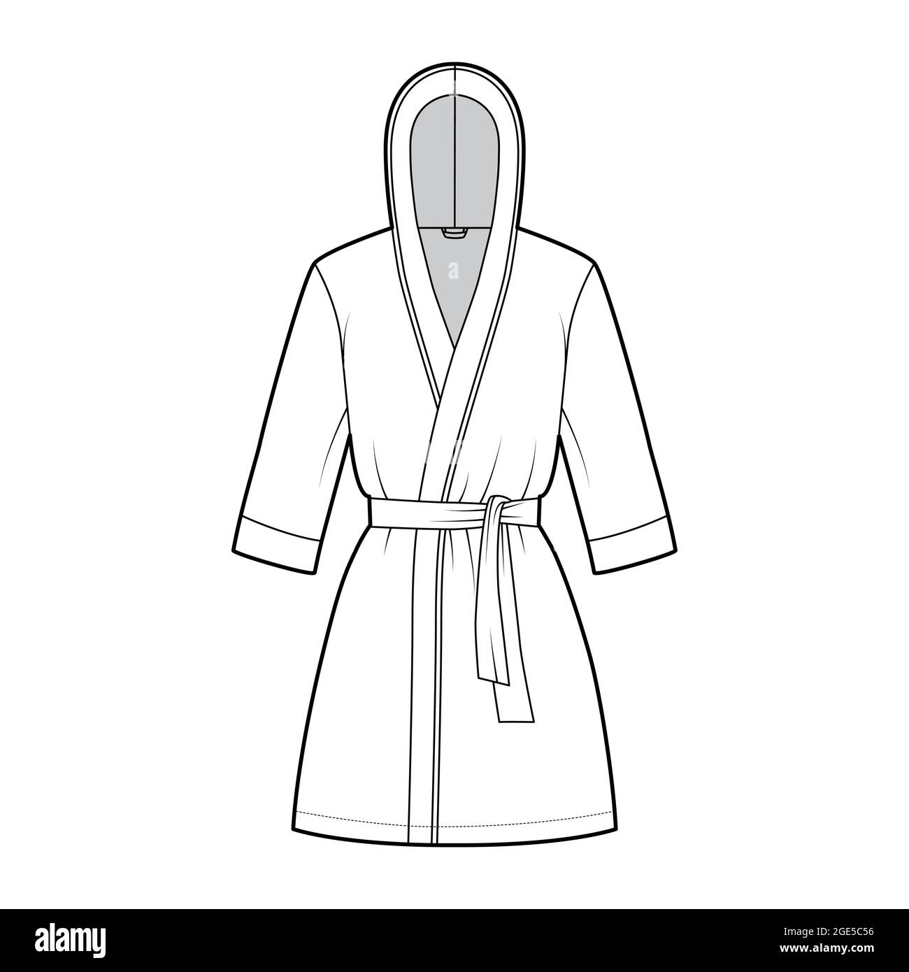 Bathrobe hooded Dressing gown technical fashion illustration with wrap