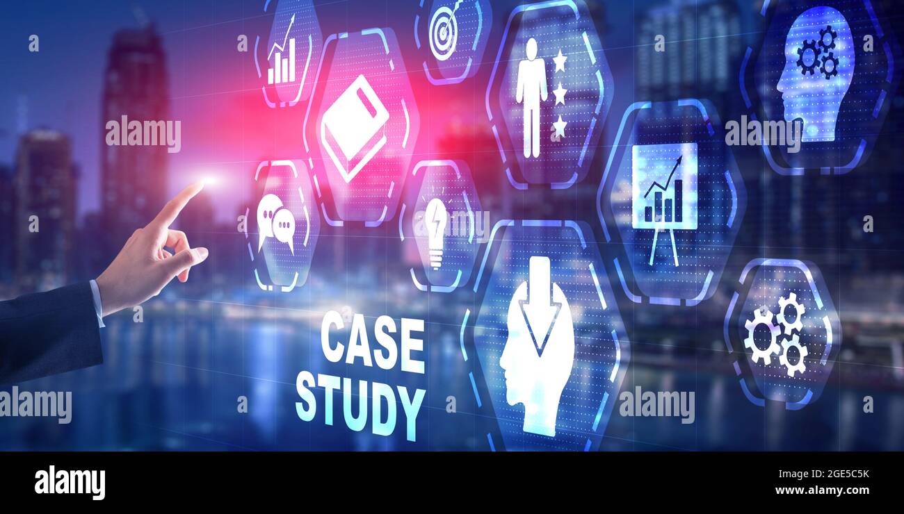 Businessman pressing case study button on virtual screens. Stock Photo
