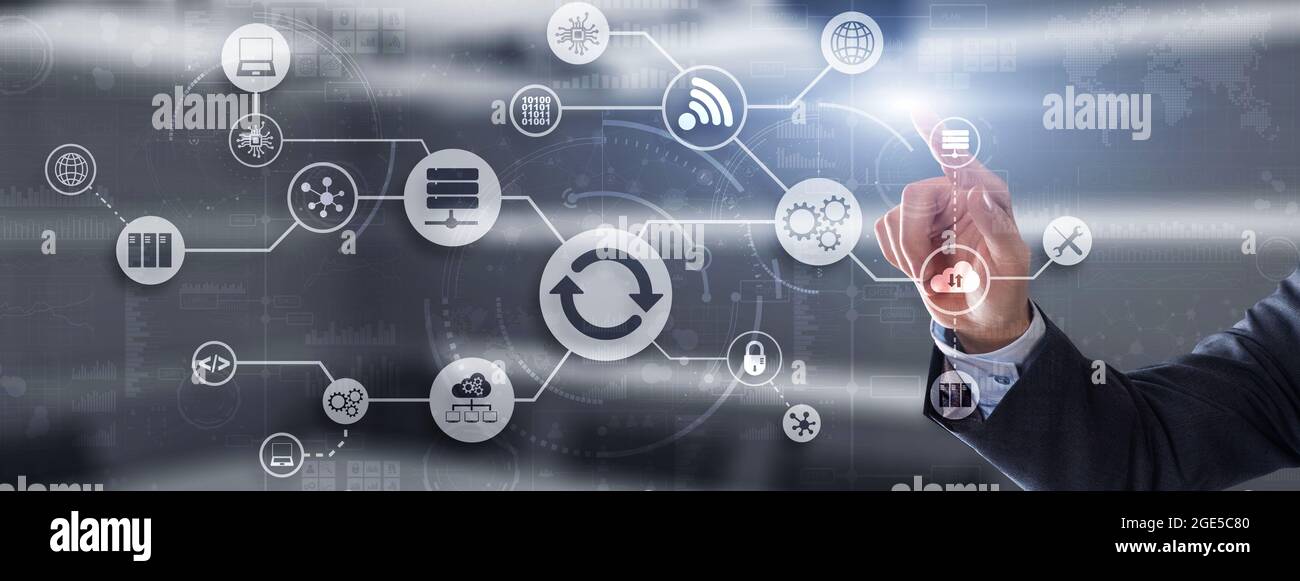 Man clicks on the Update icon. Upgrading concept. Stock Photo