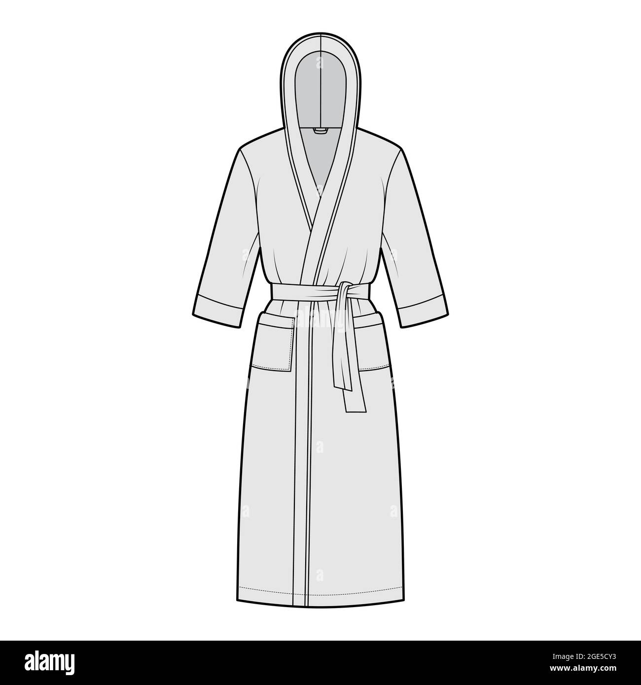 Bathrobes hooded Dressing gown technical fashion illustration with wrap