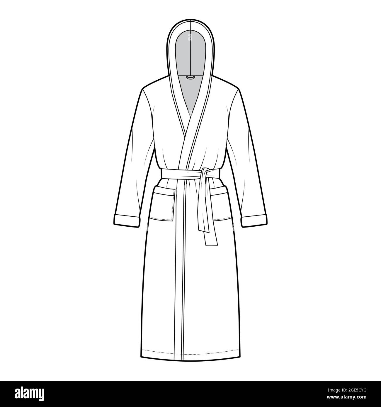 Bathrobes hooded Dressing gown technical fashion illustration with wrap
