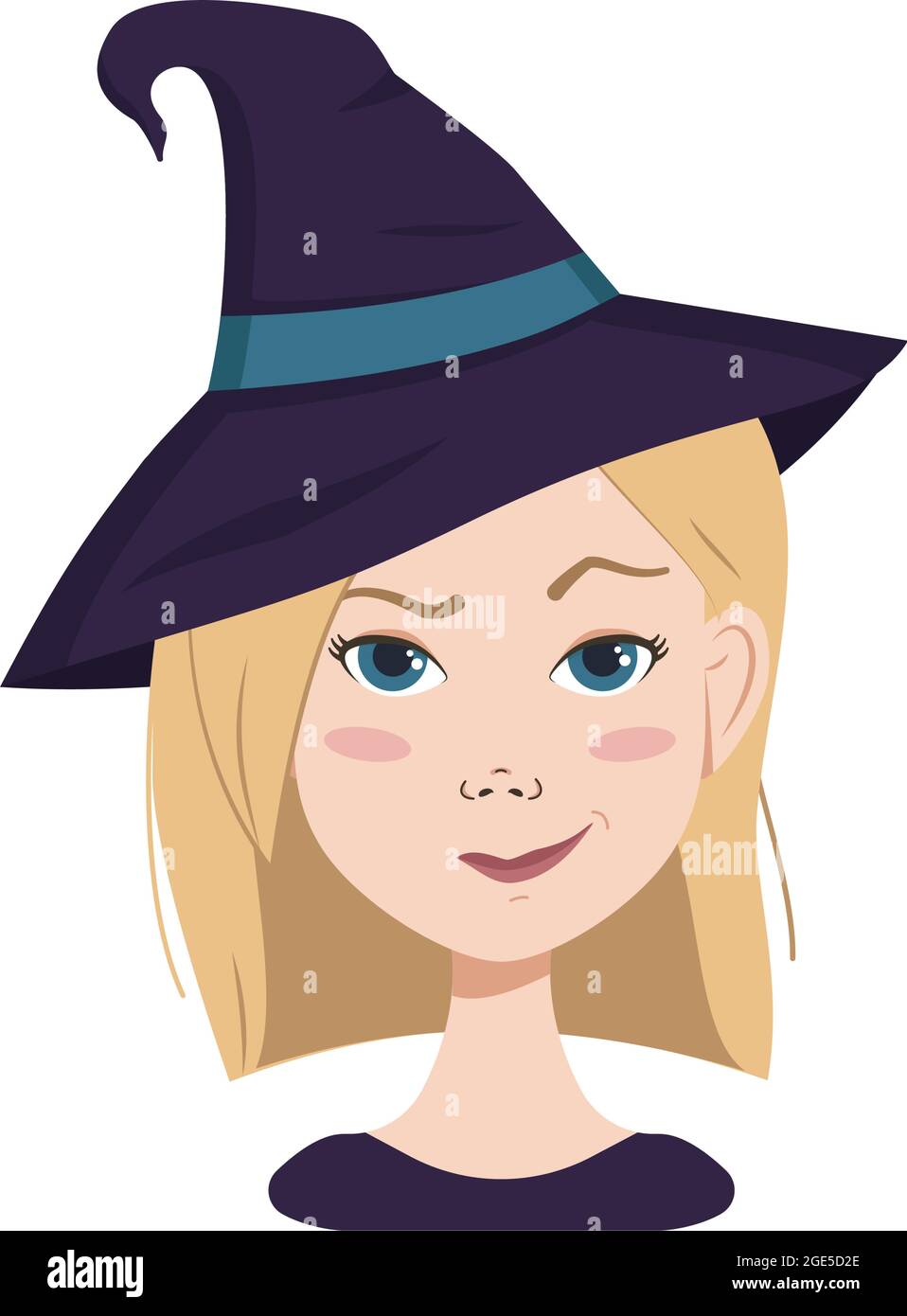 Avatar of a woman with blonde hair and blue eyes, emotions of suspicion, frowning face and pursed lips in a smirk wearing a witch hat. Girl in Halloween costume Stock Vector