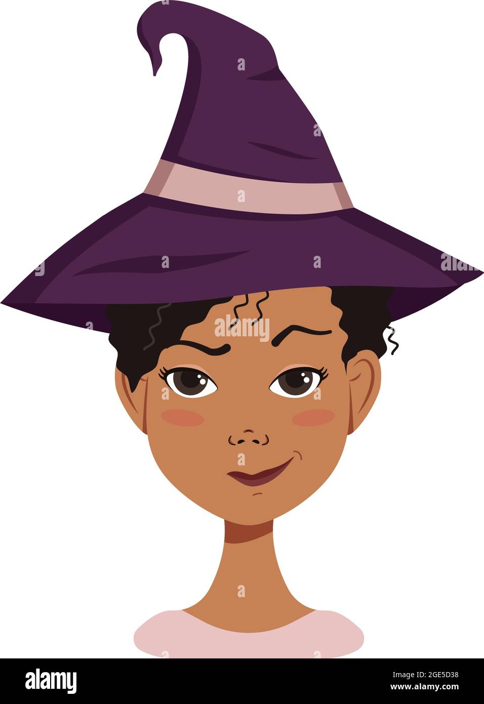African American female avatar with black curly hair, emotions of suspicion, frowning face and pursed lips in a smirk, wearing a witch hat. Halloween character in costume Stock Vector