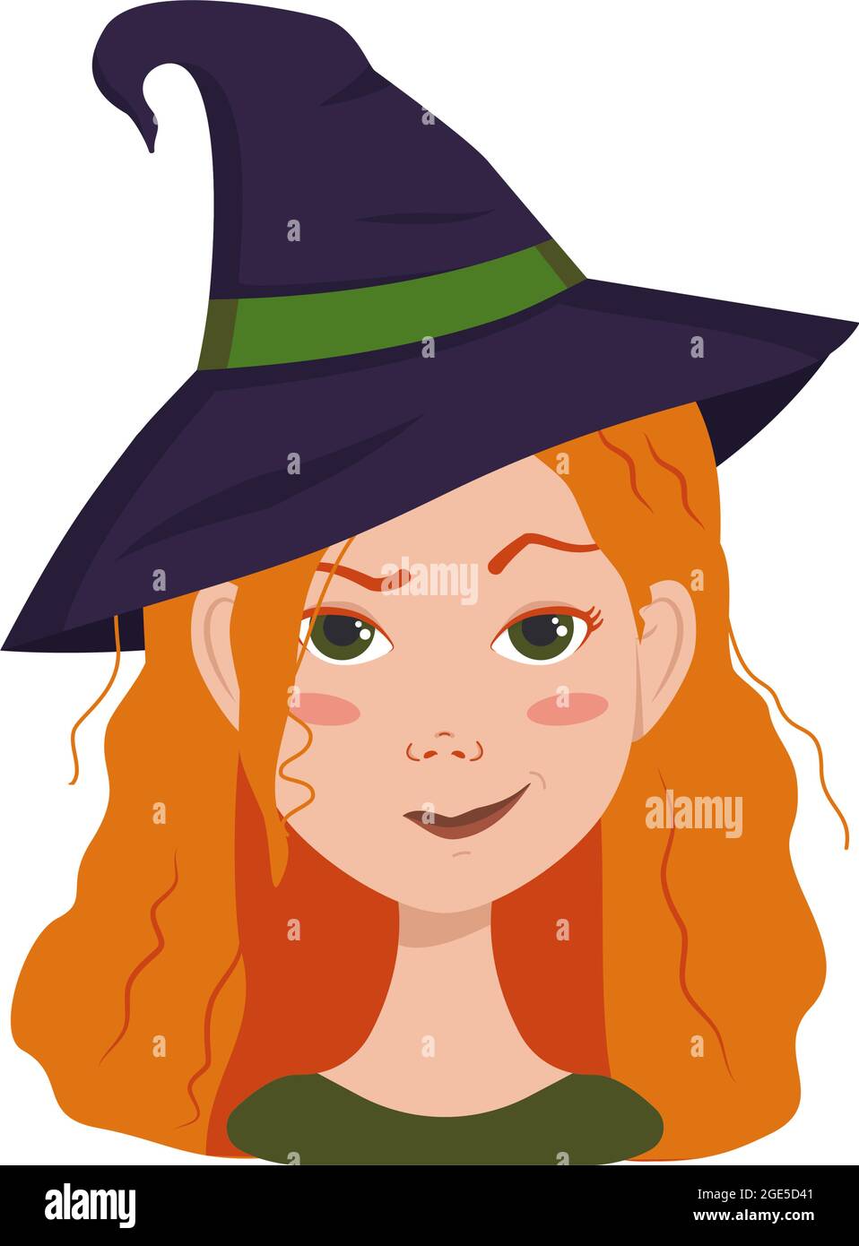 Avatar of a woman with red curly hair, emotions of suspicion, frowning face and pursed lips in a smirk wearing a witch hat. Girl with freckles in a suit for Halloween Stock Vector