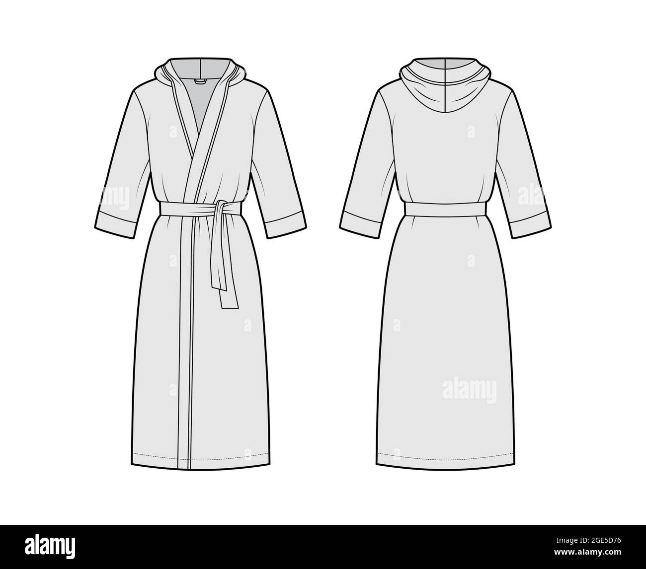 Bathrobes hooded Dressing gown technical fashion illustration with wrap