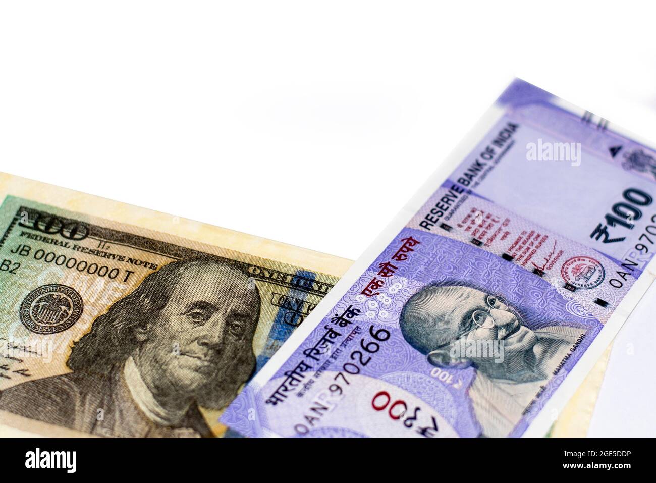 Close-up Exchange US dollar and Indian rupees on isolated white background. US and Indian paper currency. Stock Photo