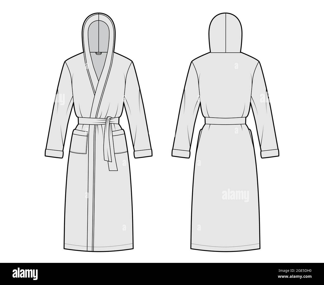 Bathrobes hooded Dressing gown technical fashion illustration with wrap