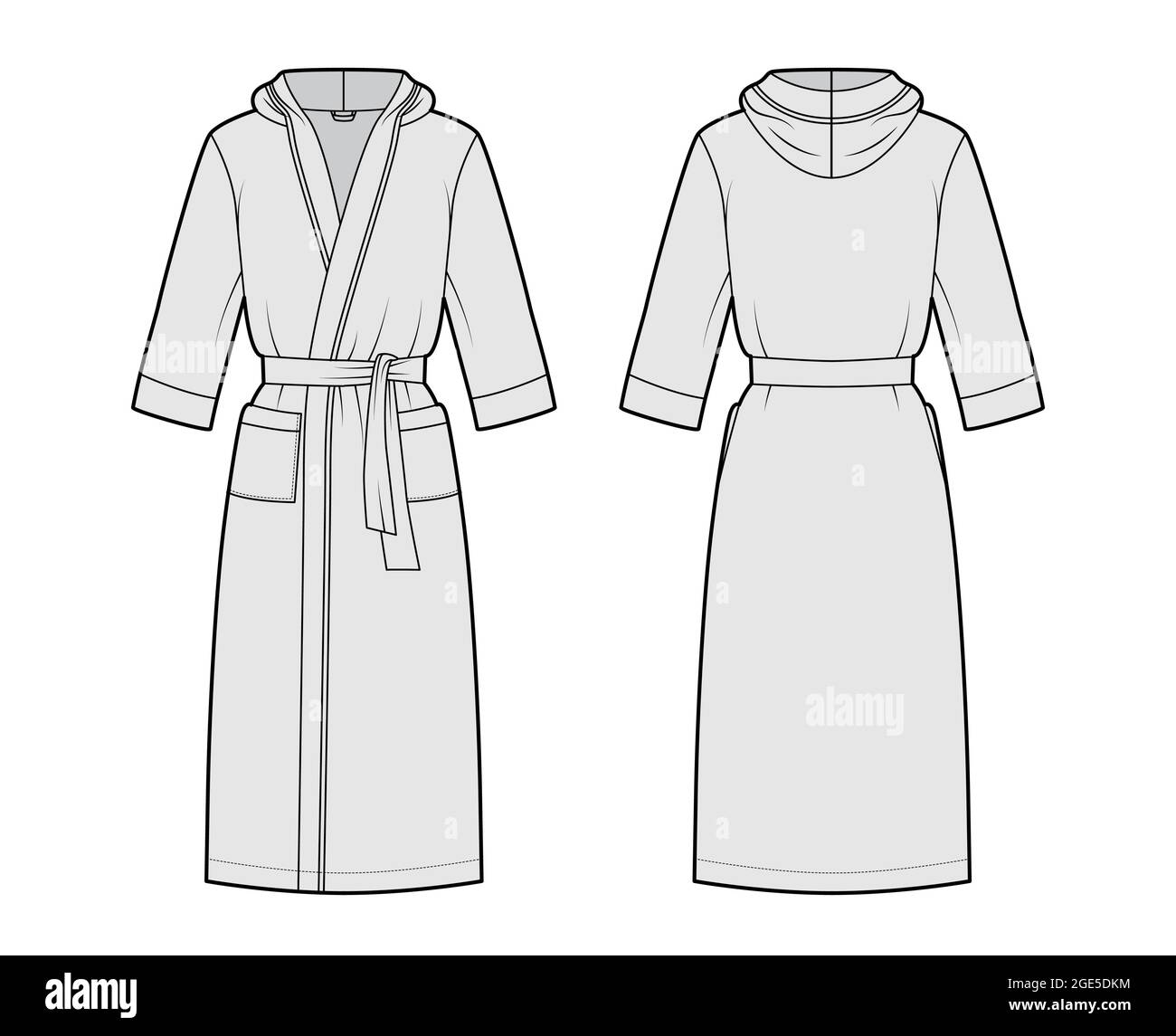 Bathrobes hooded Dressing gown technical fashion illustration with wrap