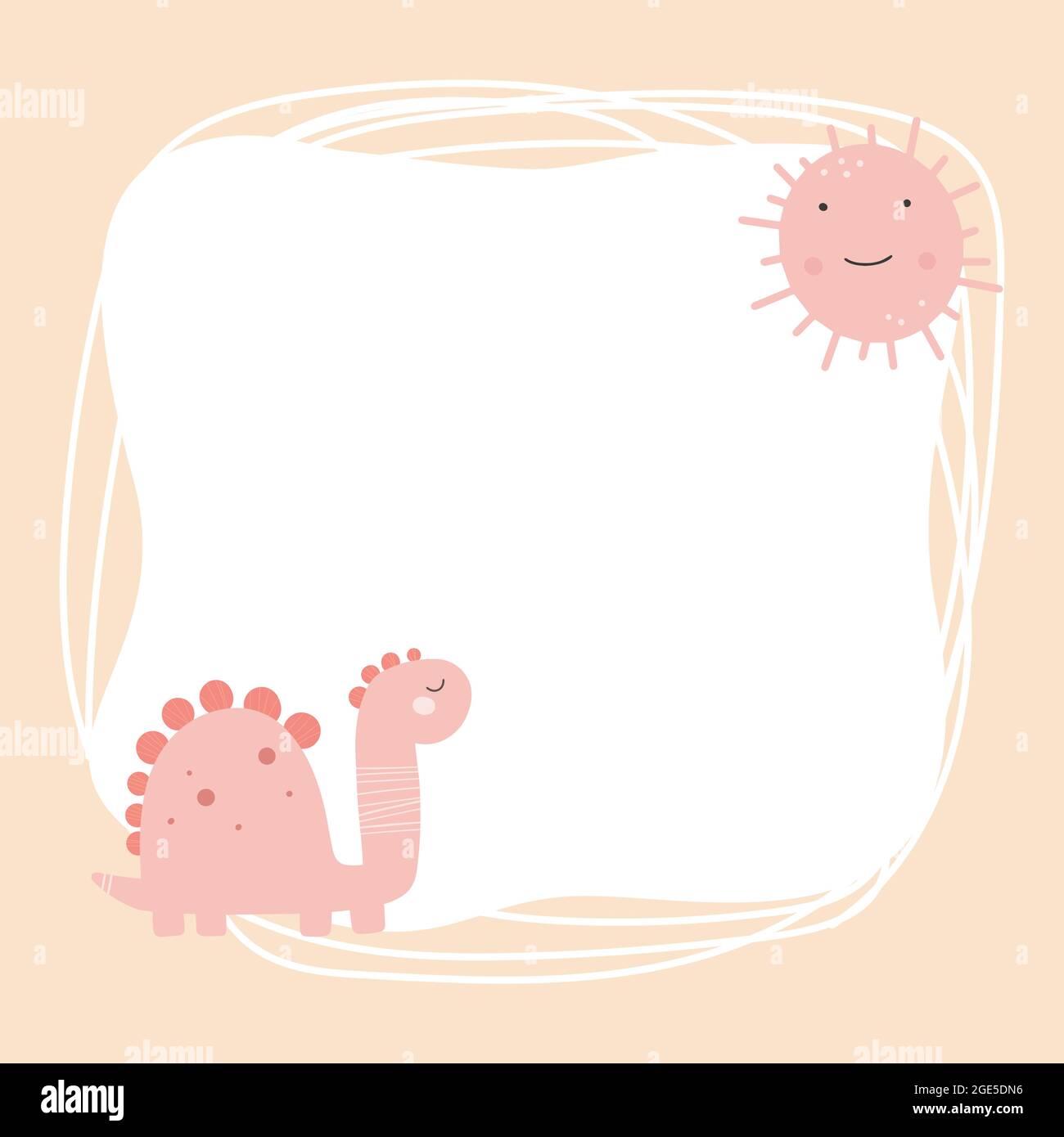 Cute dinosaur with a blot frame in simple cartoon hand-drawn style. Template for your text or photo. Ideal for cards, invitations, party, kindergarten Stock Vector