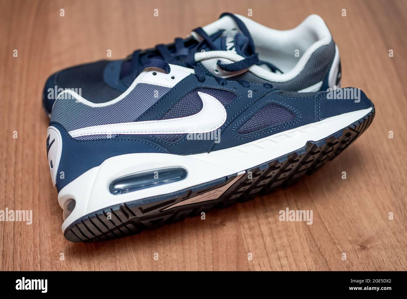 Norwich, Norfolk, UK – August 16 2021. Close and selective focus on navy  blue Nike Air Max trainers or sneakers for men Stock Photo - Alamy