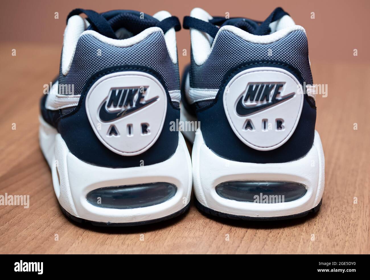 Norwich, Norfolk, UK – August 16 2021. Close and selective focus on navy  blue Nike Air Max trainers or sneakers for men Stock Photo - Alamy