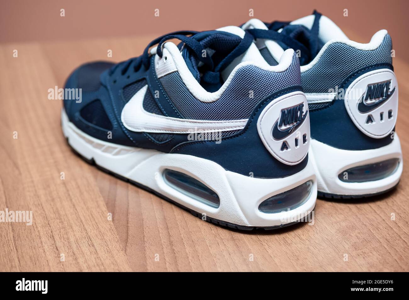 Norwich, Norfolk, UK – August 16 2021. Close and selective focus on navy  blue Nike Air Max trainers or sneakers for men Stock Photo - Alamy