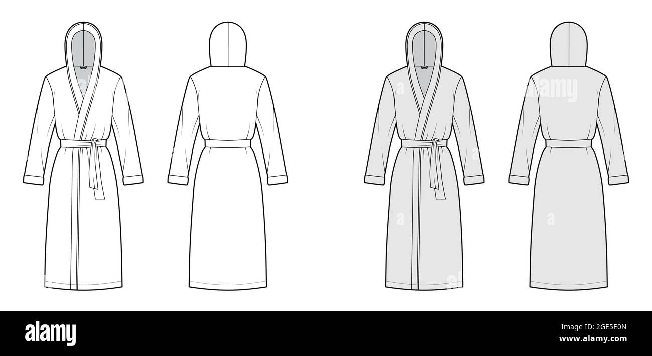 Bathrobes hooded Dressing gown technical fashion illustration with wrap