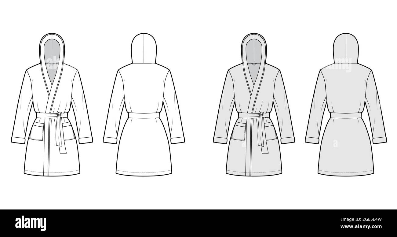 Hooded Bathrobe Dressing gown technical fashion illustration with wrap