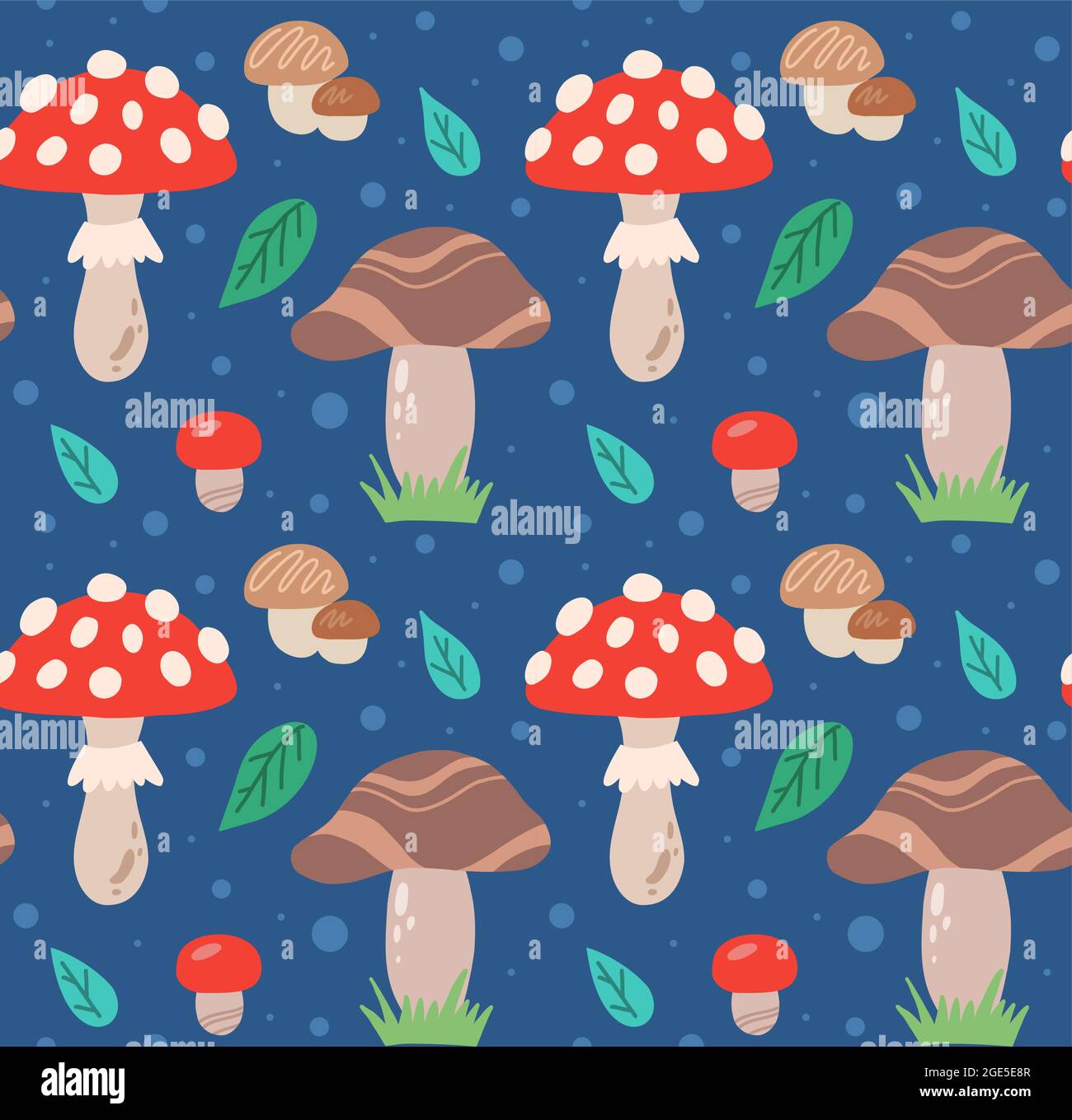 Seamless childrens pattern with mushrooms, amanitas, foliage and polka dots on blue background. Vector natural texture with fungus and leaves. Wallpap Stock Vector